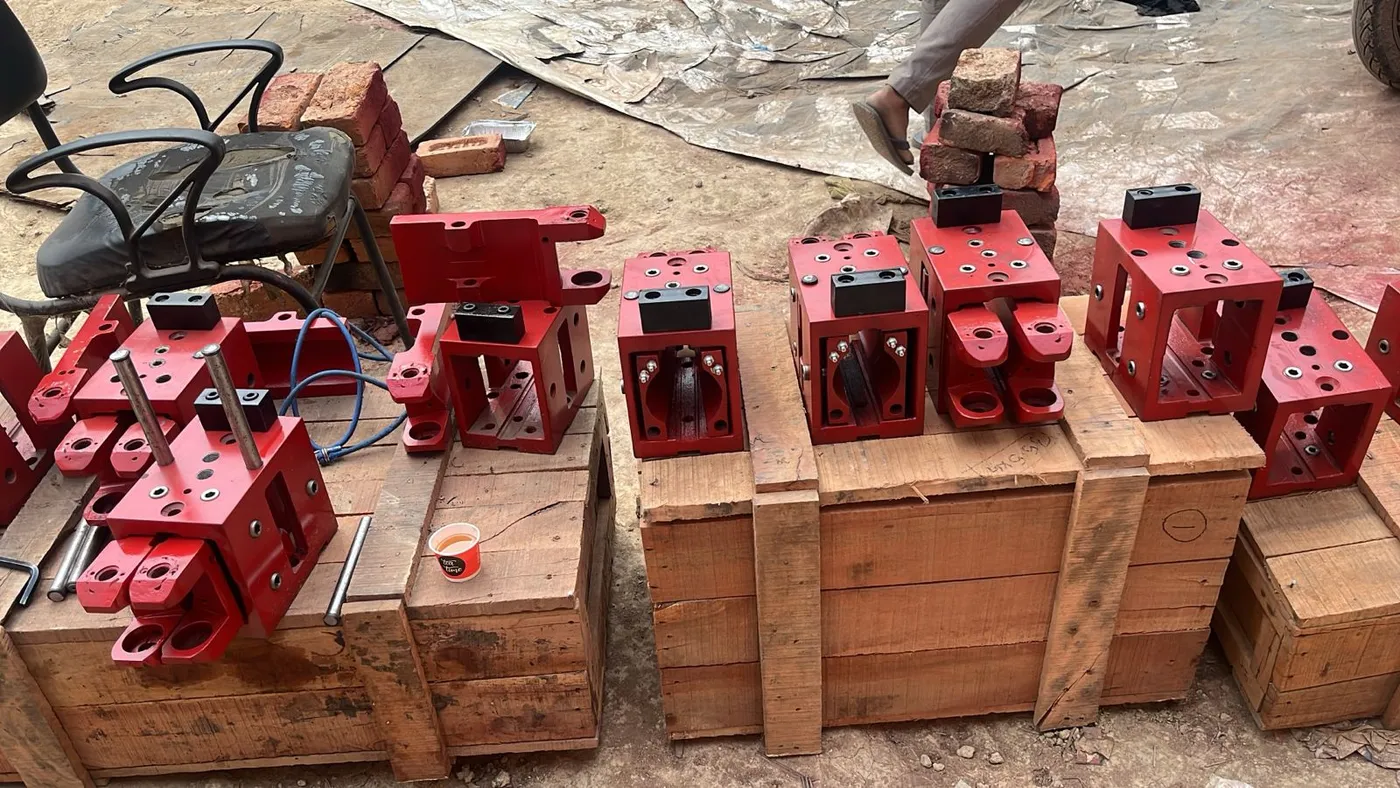 Finished block guides crated for dispatch