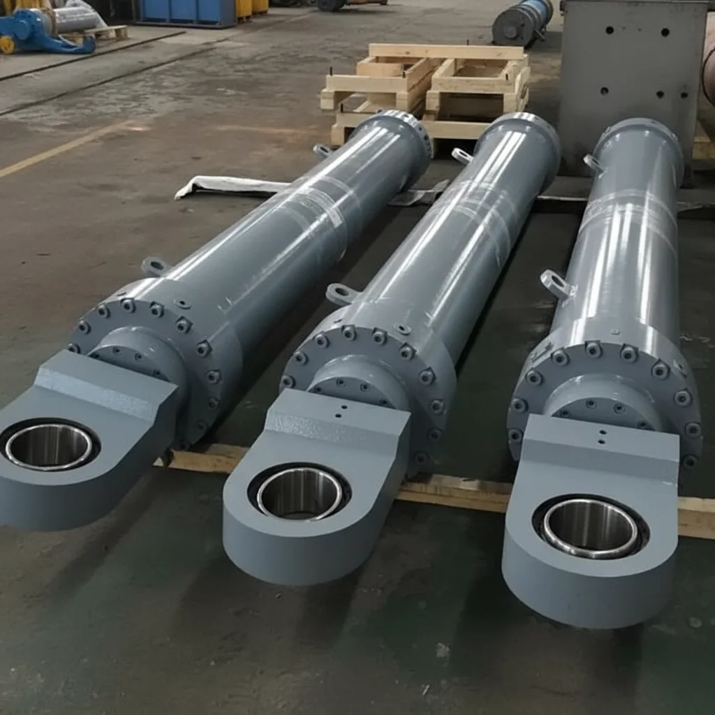 Three heavy-duty hydraulic cylinders with clevis mountings on the shop floor